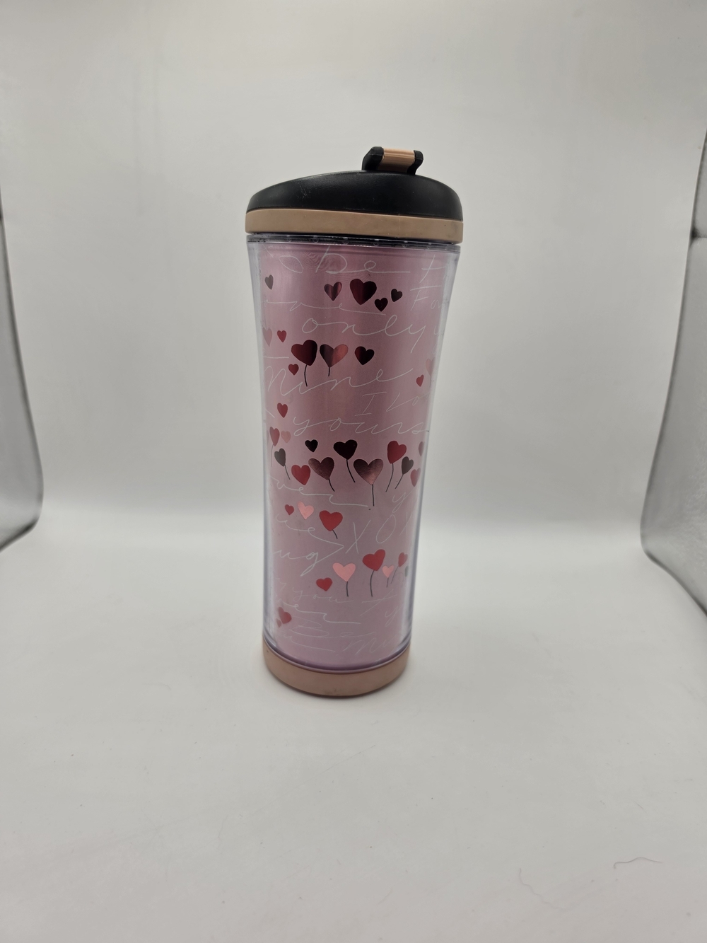 Starbucks 2008 Vintage Pink Foil Travel 16oz Tumbler Mug Valentine Hearts Motif